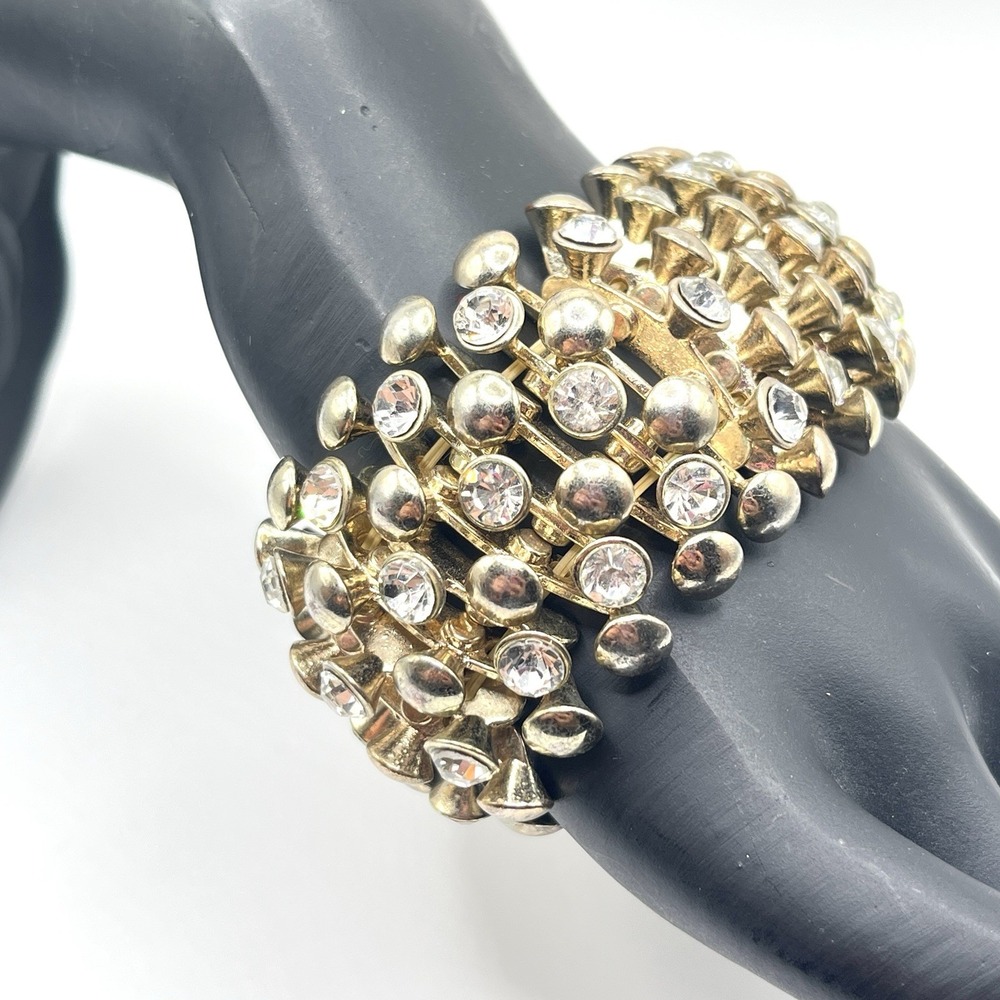 Chunky Gold Tone Vintage Stretch Crystal Rhinestone Bracelet Bling Sparkling